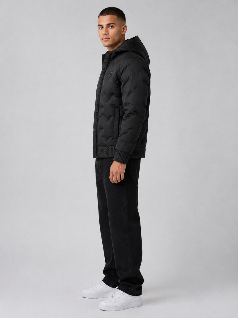 European Fashion Hooded Jacket Men's Outerwear – Black Casual Padded Zip-Up Jacket
