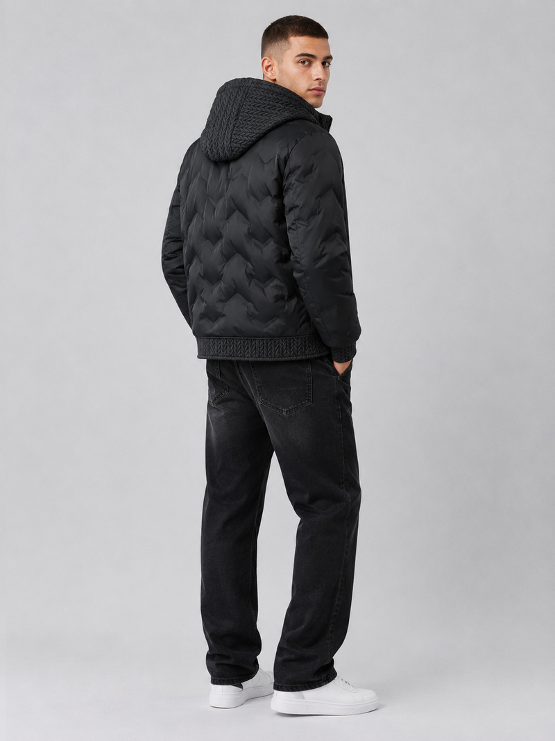 European Fashion Hooded Jacket Men's Outerwear – Black Casual Padded Zip-Up Jacket