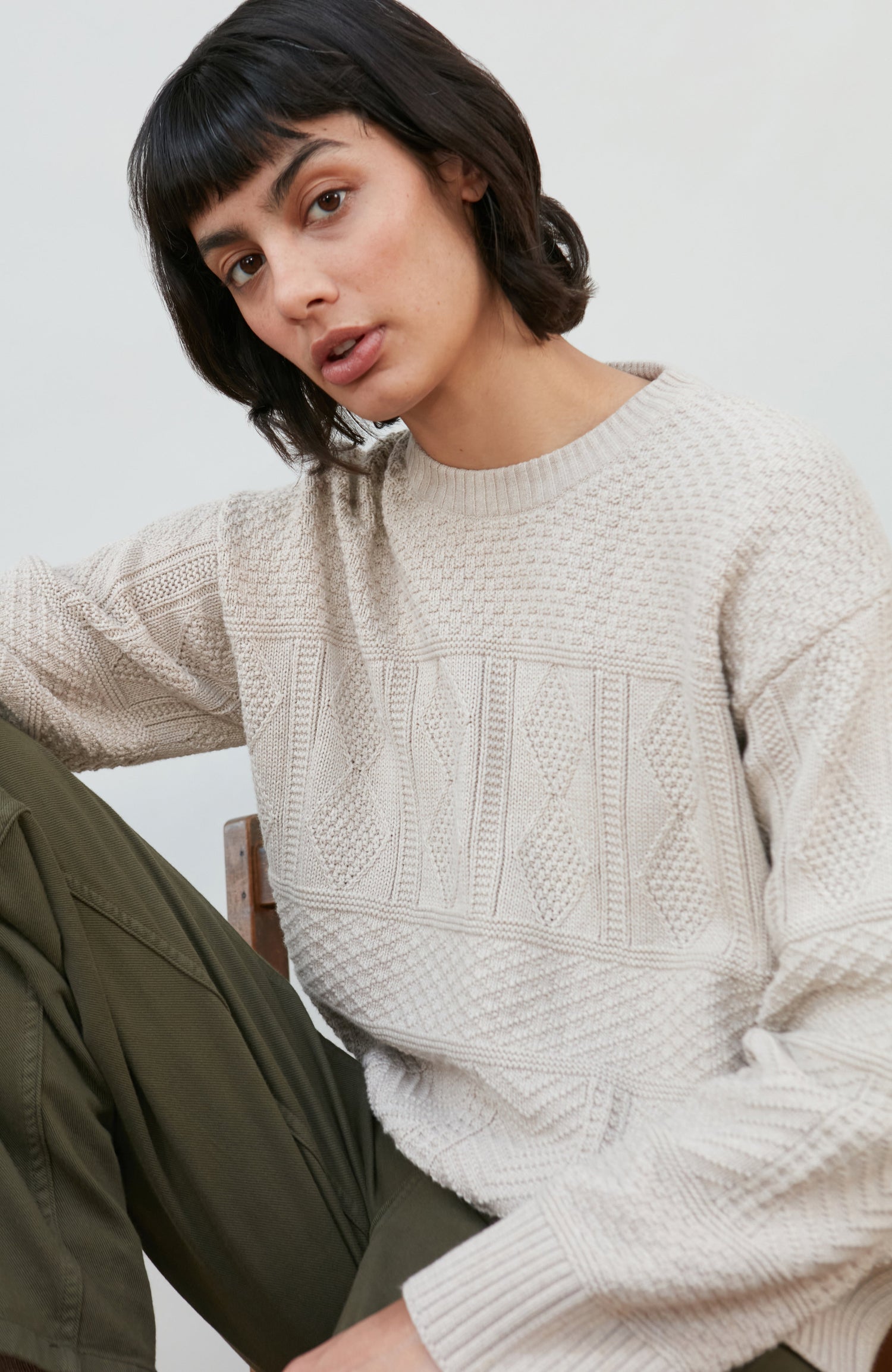 Womens Midweight Cotton Textured Block Jumper