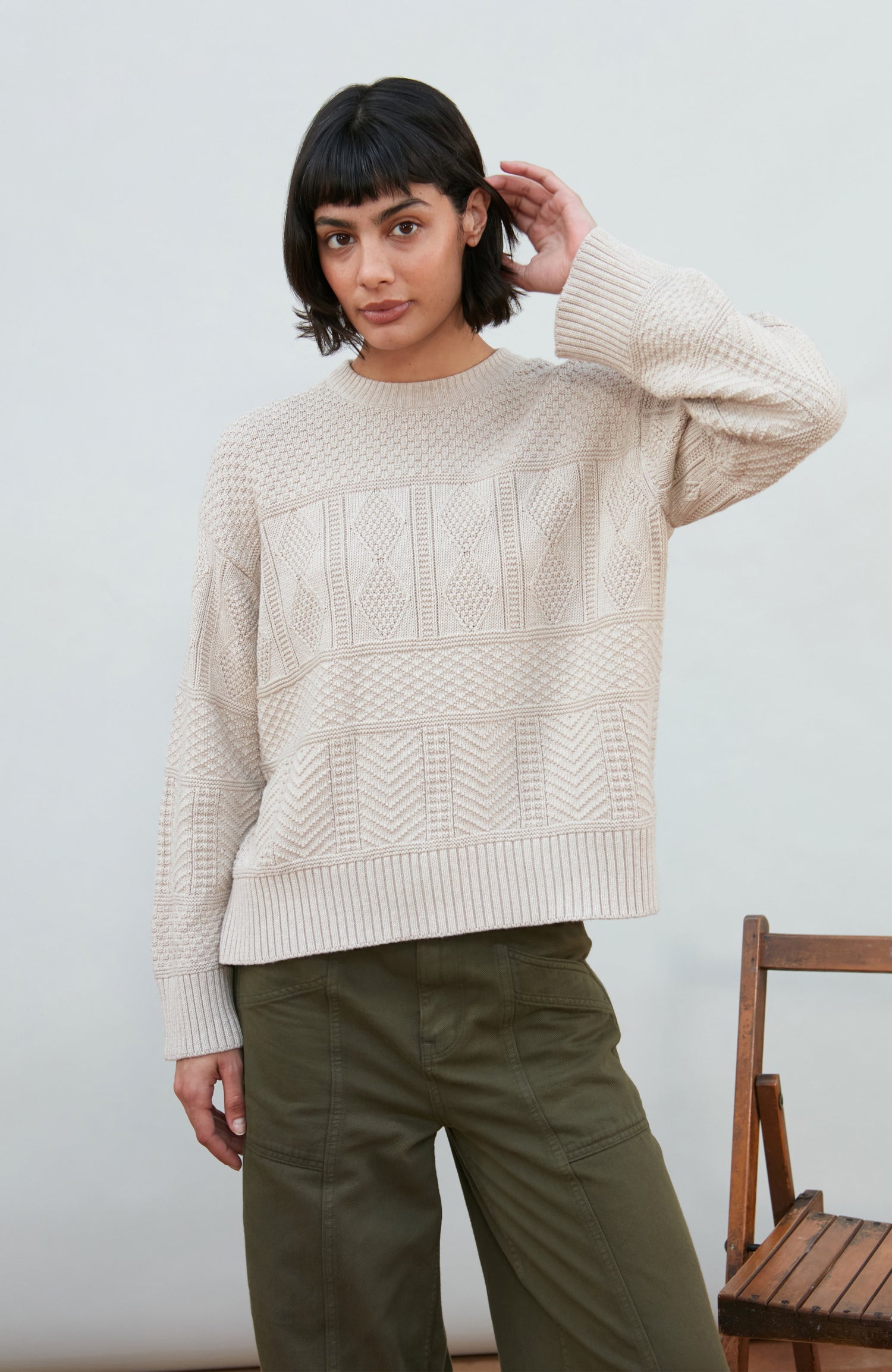 Womens Midweight Cotton Textured Block Jumper