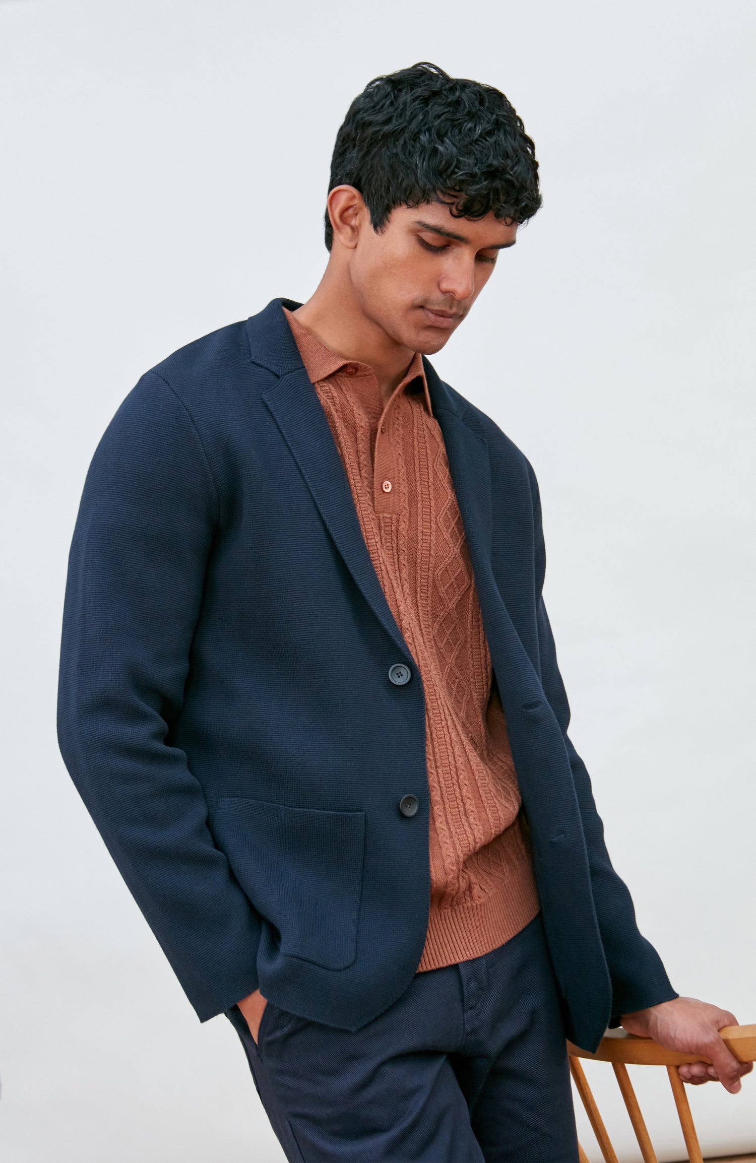 Mens Midweight Cotton Deconstructed Knitted Blazer