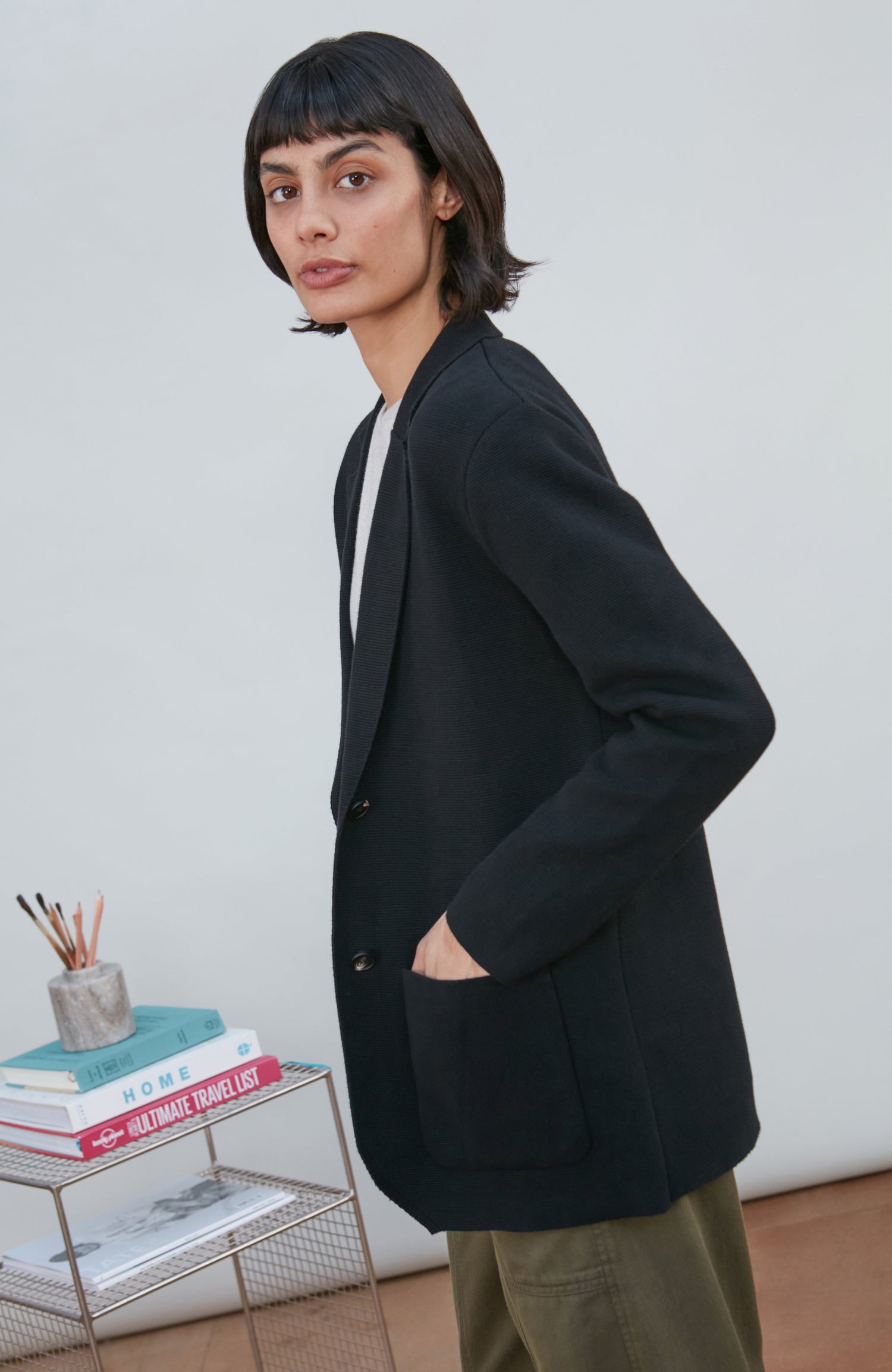 Womens Midweight Cotton Relaxed Fit Knitted Blazer