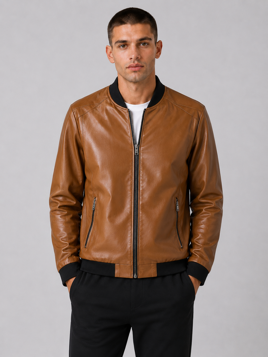 PU Leather Baseball Collar Jacket