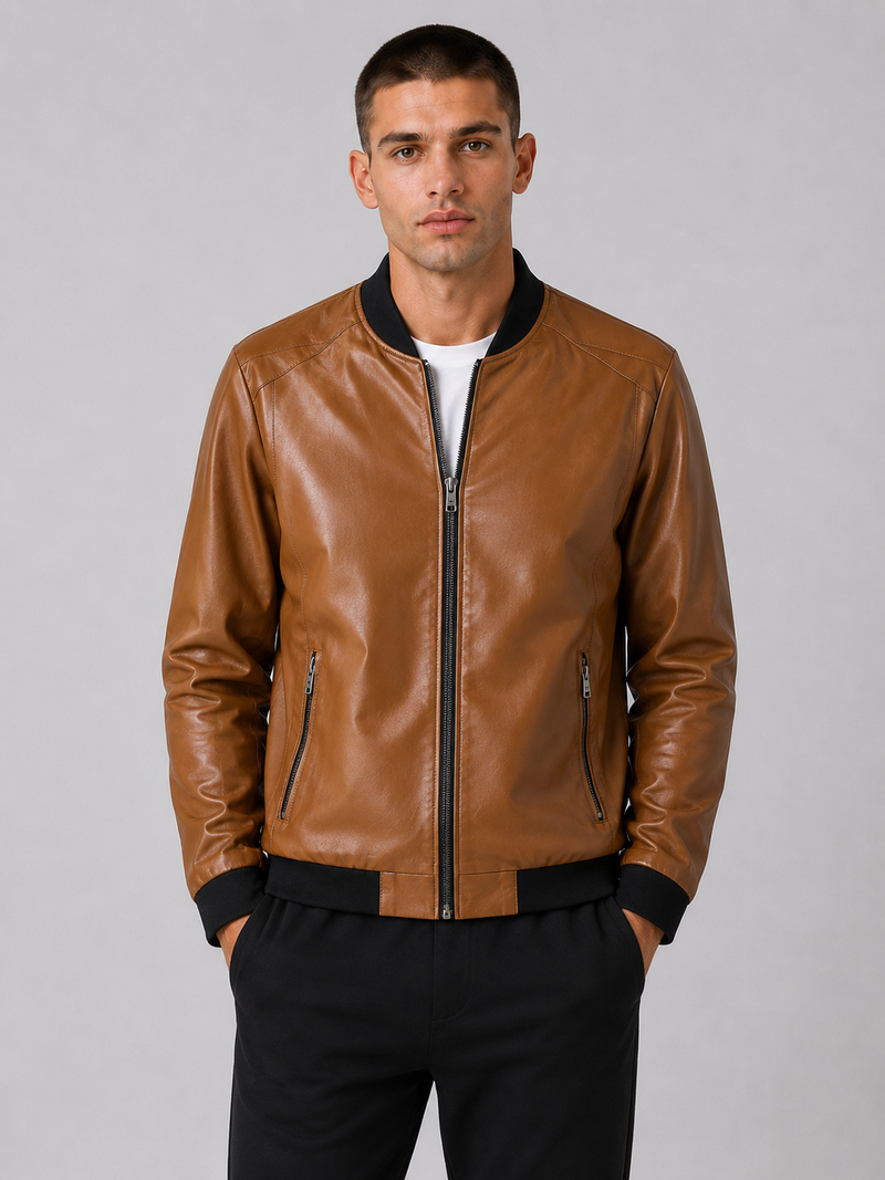PU Leather Baseball Collar Jacket