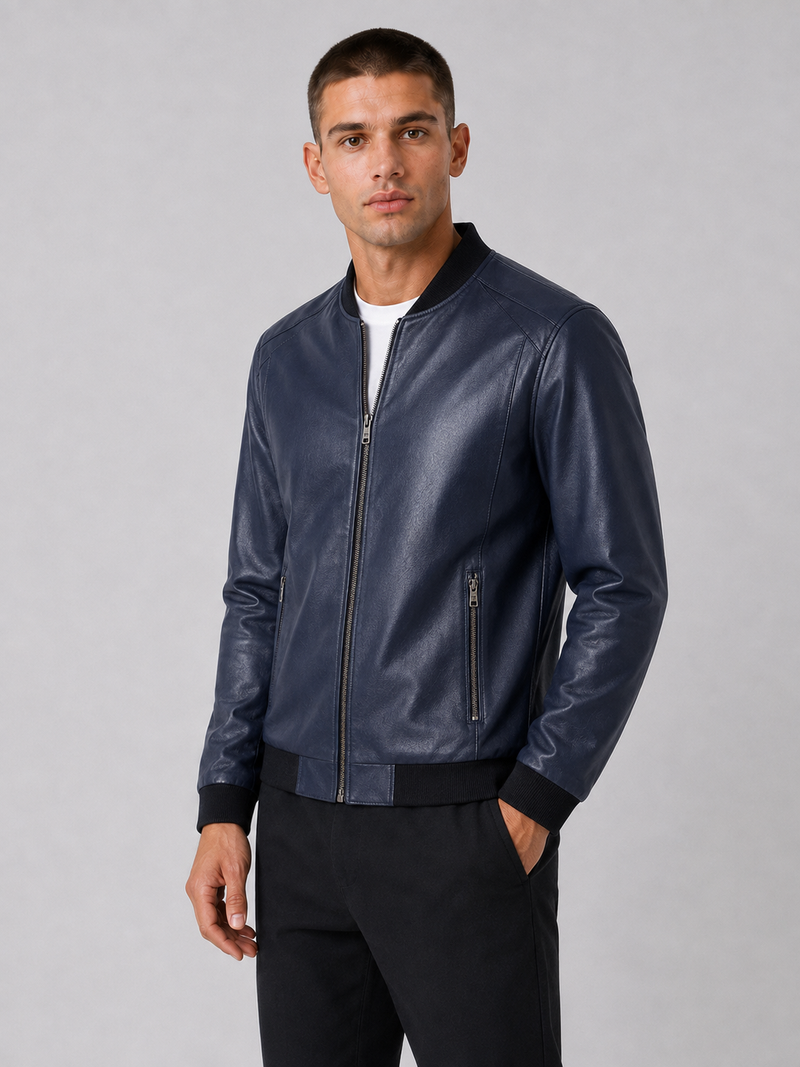 PU Leather Baseball Collar Jacket