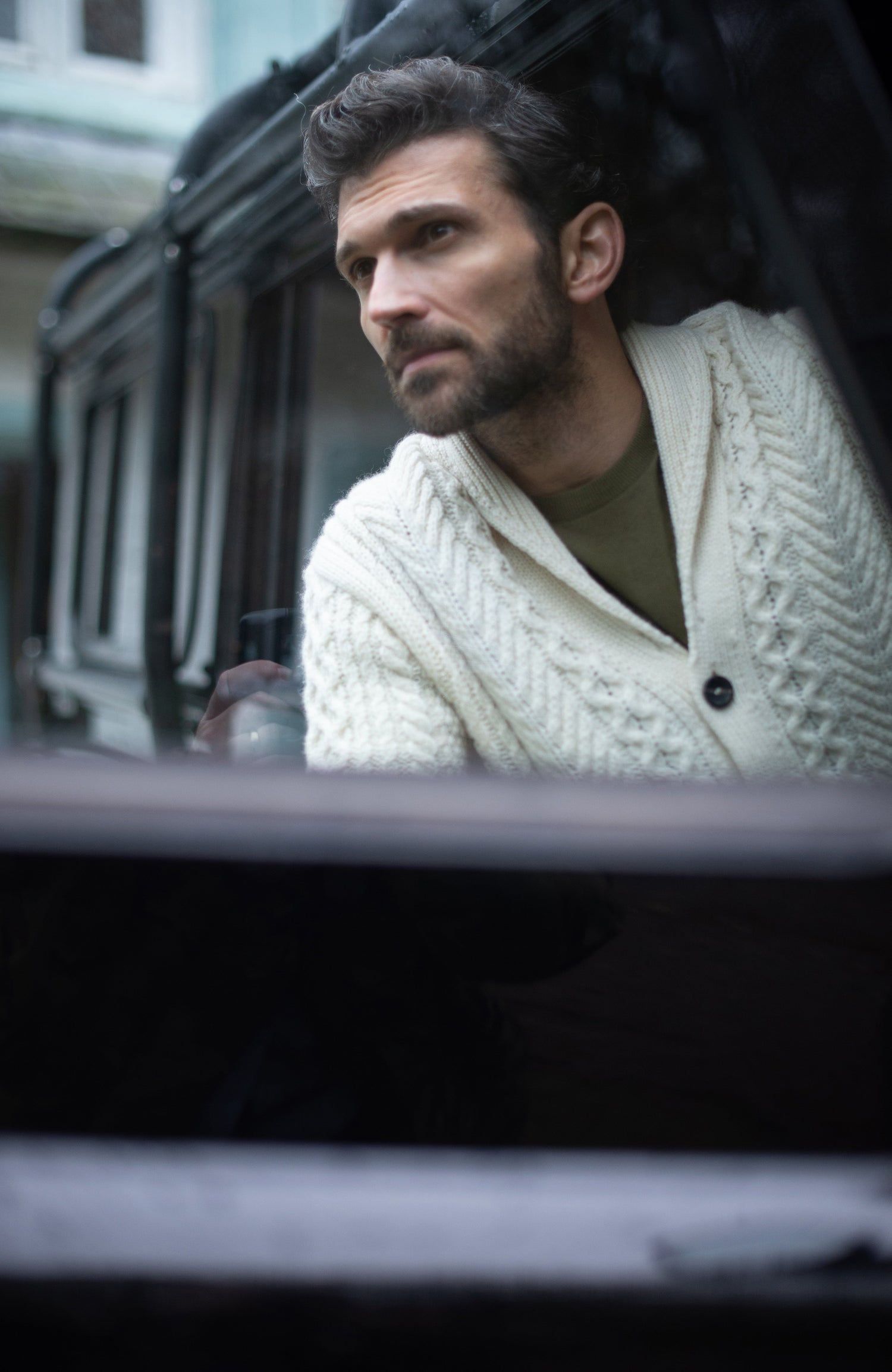 Mens Chunky Merino Wool Shawl Collar Cable Cardigan