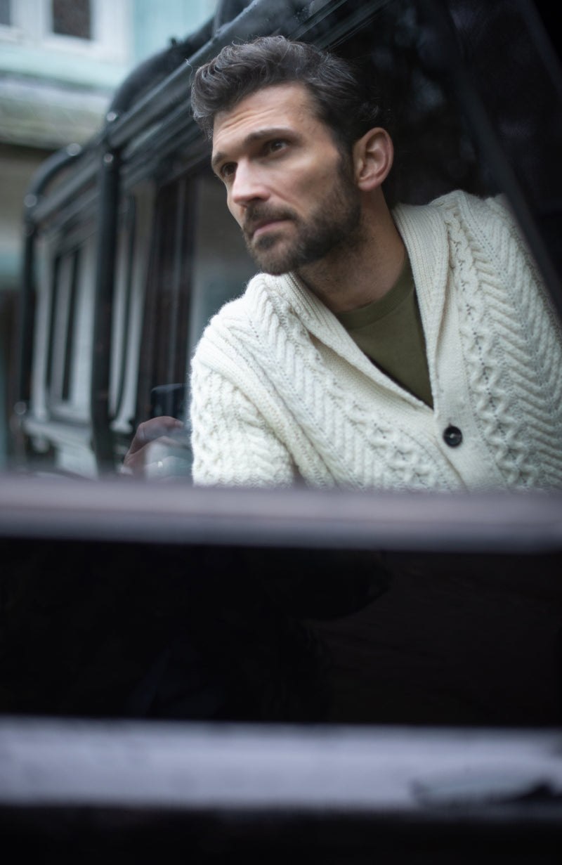 Mens Chunky Merino Wool Shawl Collar Cable Cardigan