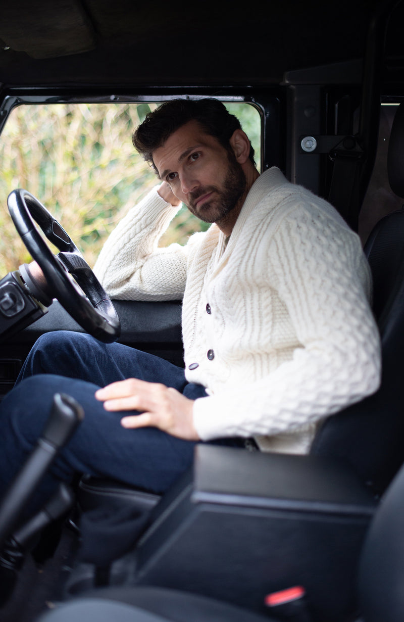 Mens Chunky Merino Wool Shawl Collar Cable Cardigan