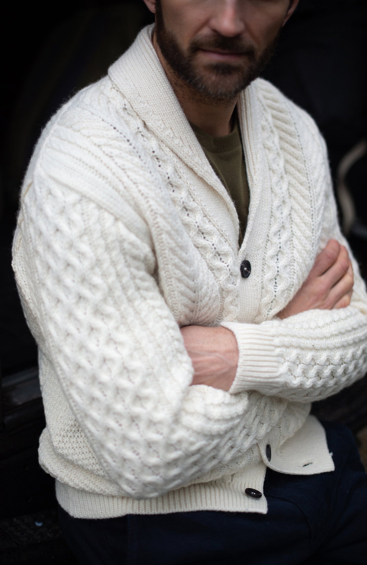 Mens Chunky Merino Wool Shawl Collar Cable Cardigan