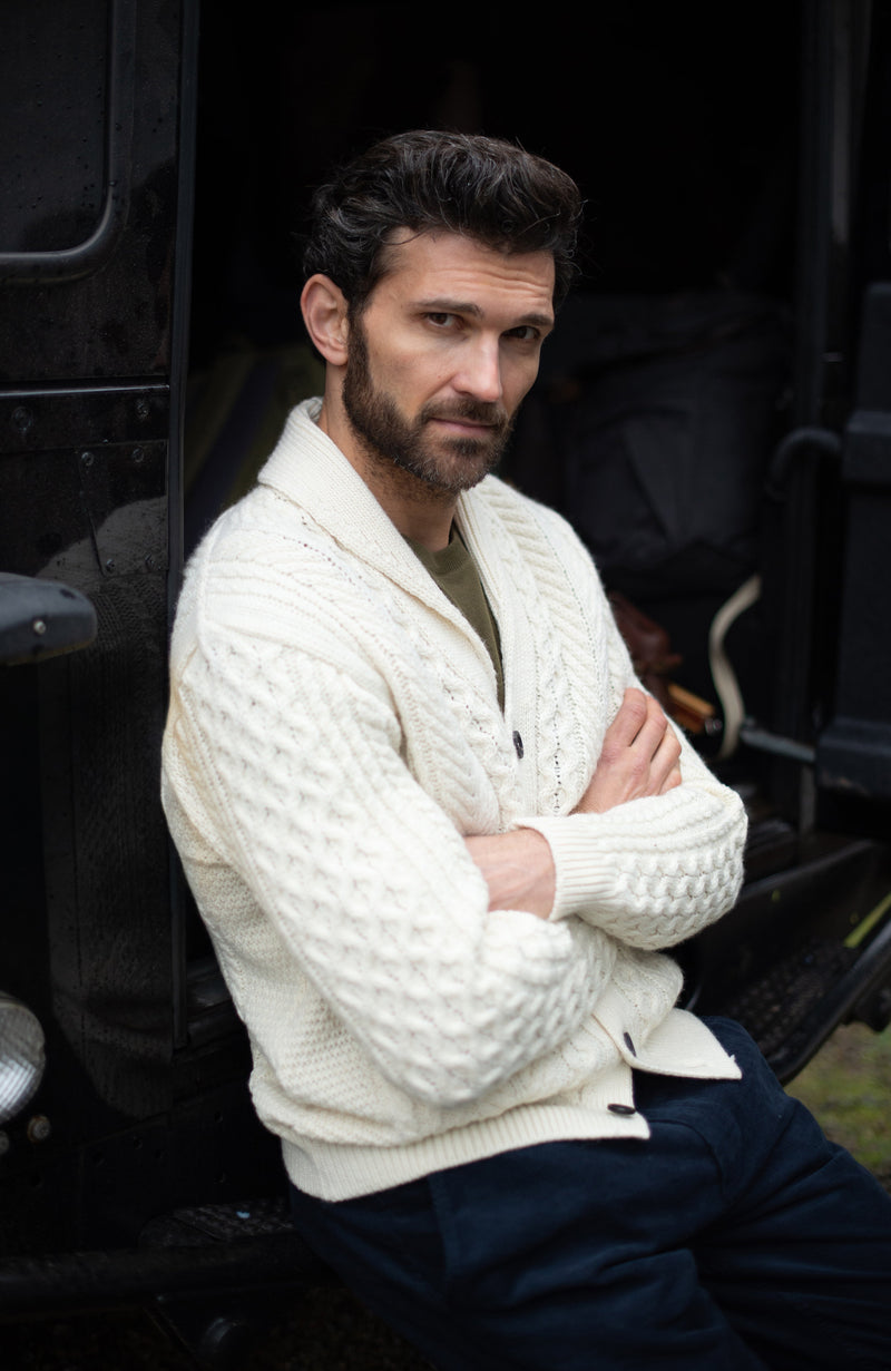 Mens Chunky Merino Wool Shawl Collar Cable Cardigan