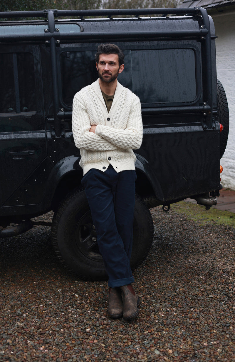 Mens Chunky Merino Wool Shawl Collar Cable Cardigan