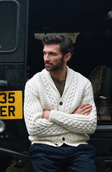 Mens Chunky Merino Wool Shawl Collar Cable Cardigan