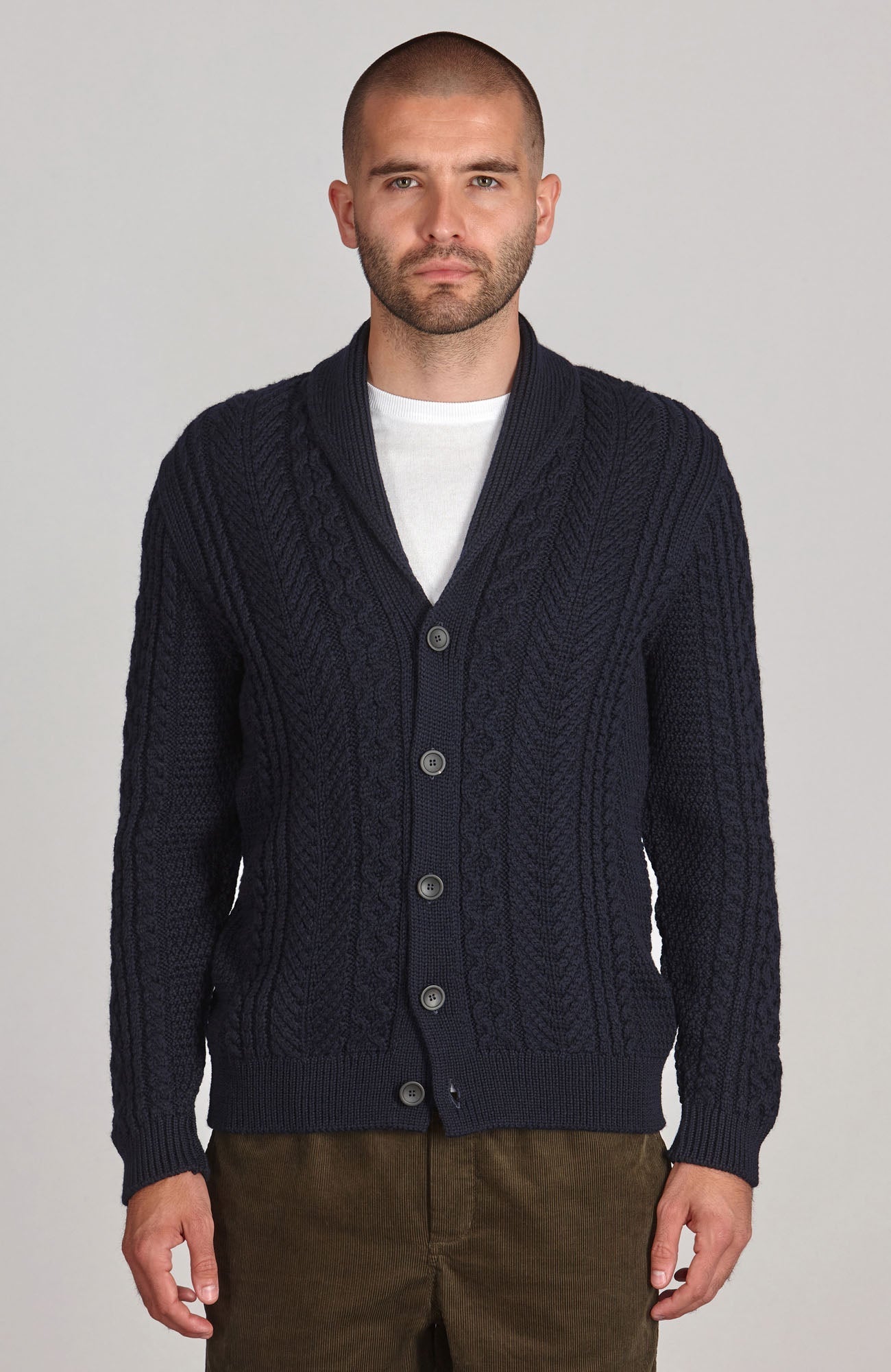 Mens Chunky Merino Wool Shawl Collar Cable Cardigan