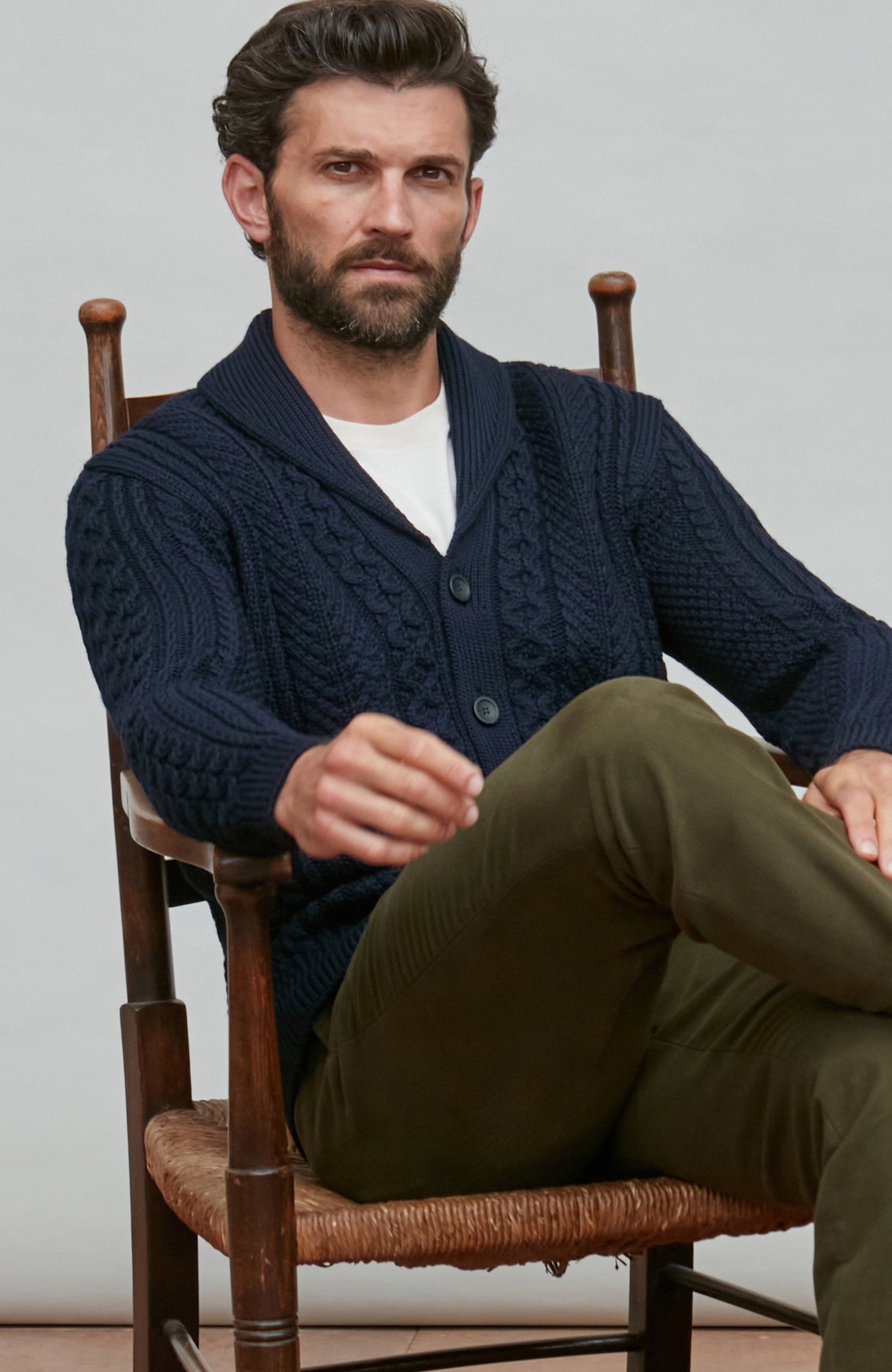 Mens Chunky Merino Wool Shawl Collar Cable Cardigan