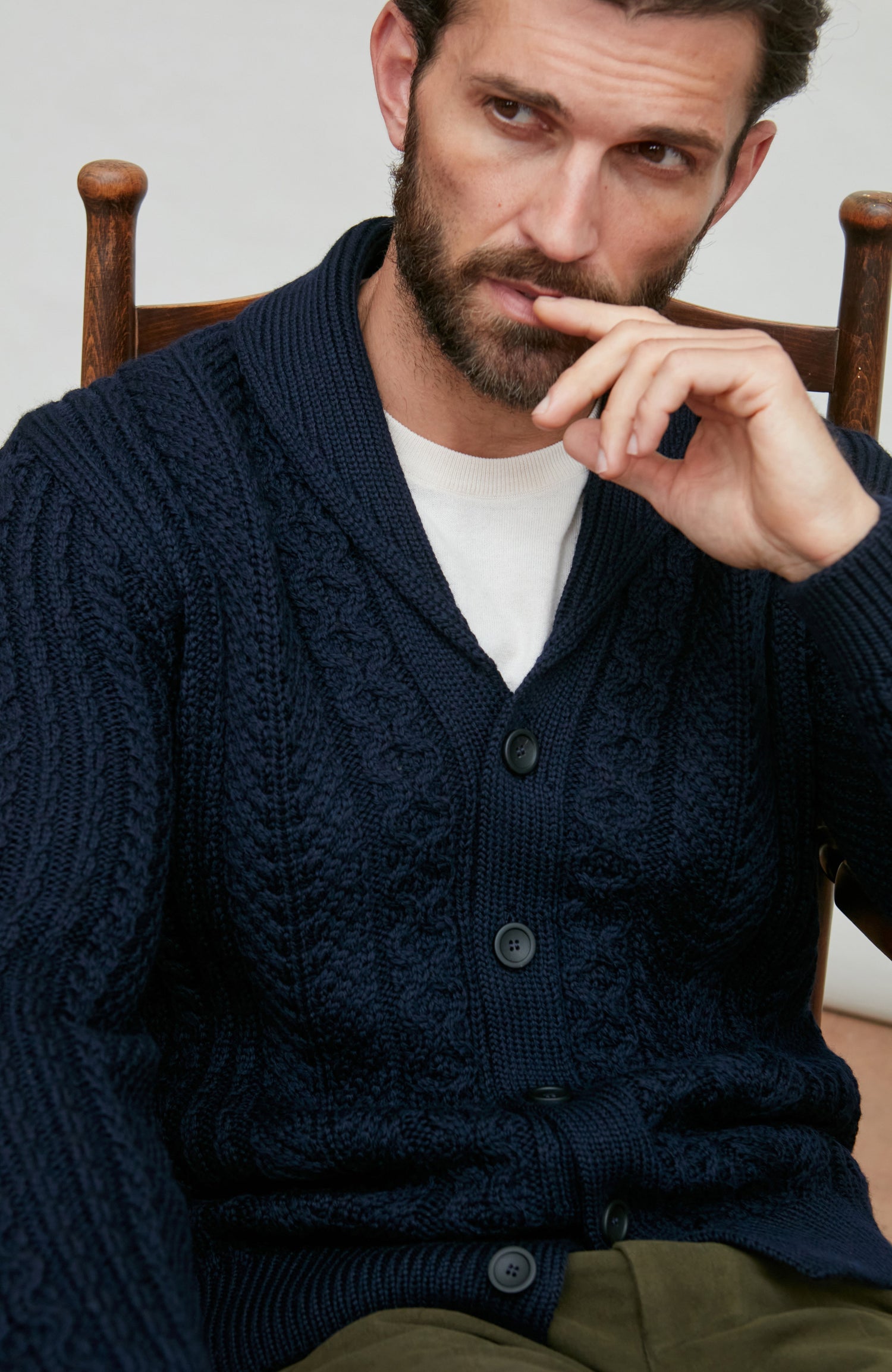 Mens Chunky Merino Wool Shawl Collar Cable Cardigan