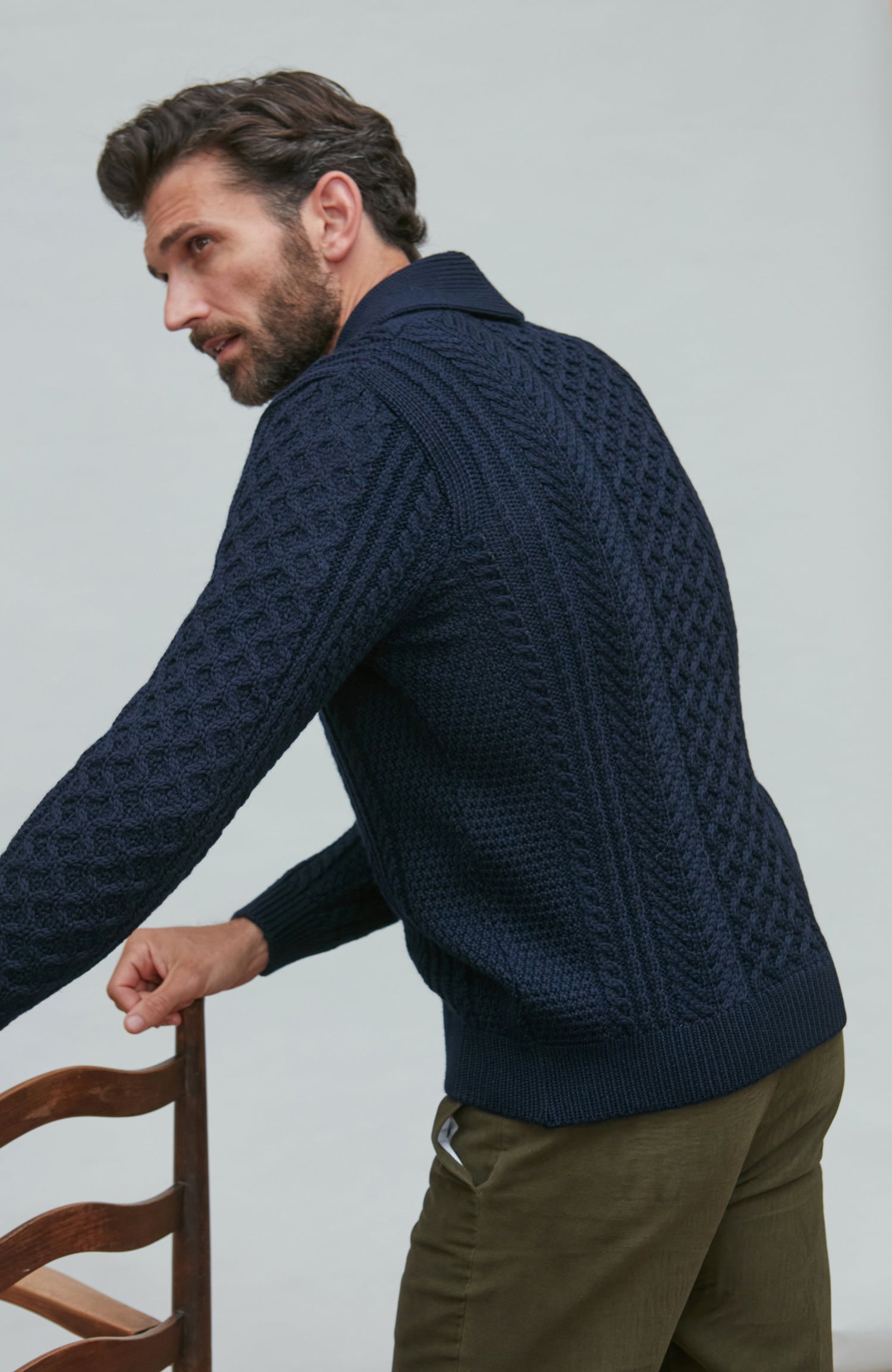 Mens Chunky Merino Wool Shawl Collar Cable Cardigan