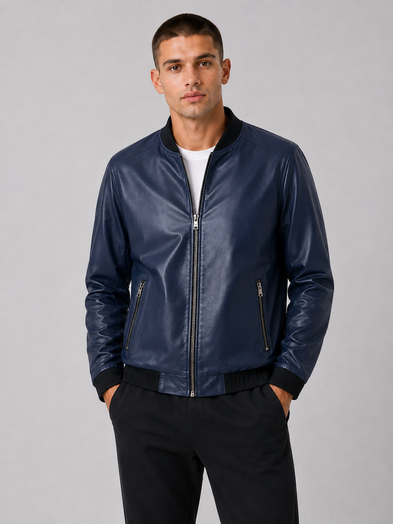 PU Leather Baseball Collar Jacket
