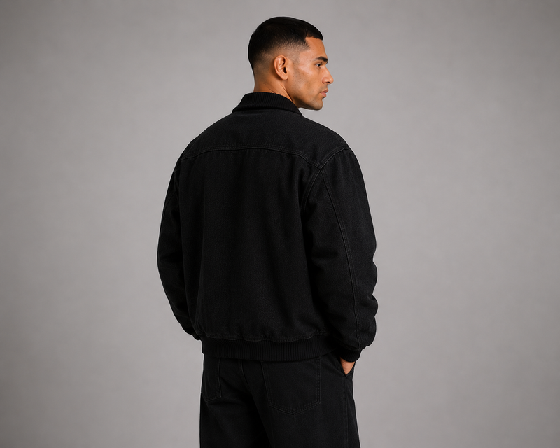 Men’s Denim Bomber Jacket with Ribbed Collar, Cuffs & Hem