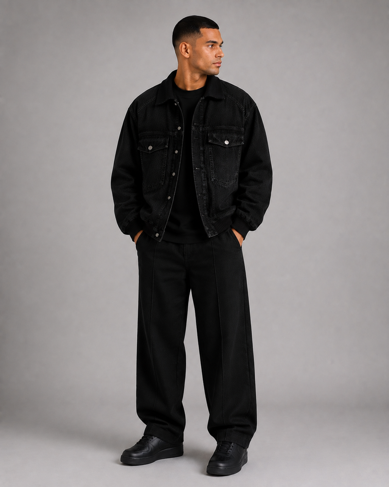 Men’s Denim Bomber Jacket with Ribbed Collar, Cuffs & Hem