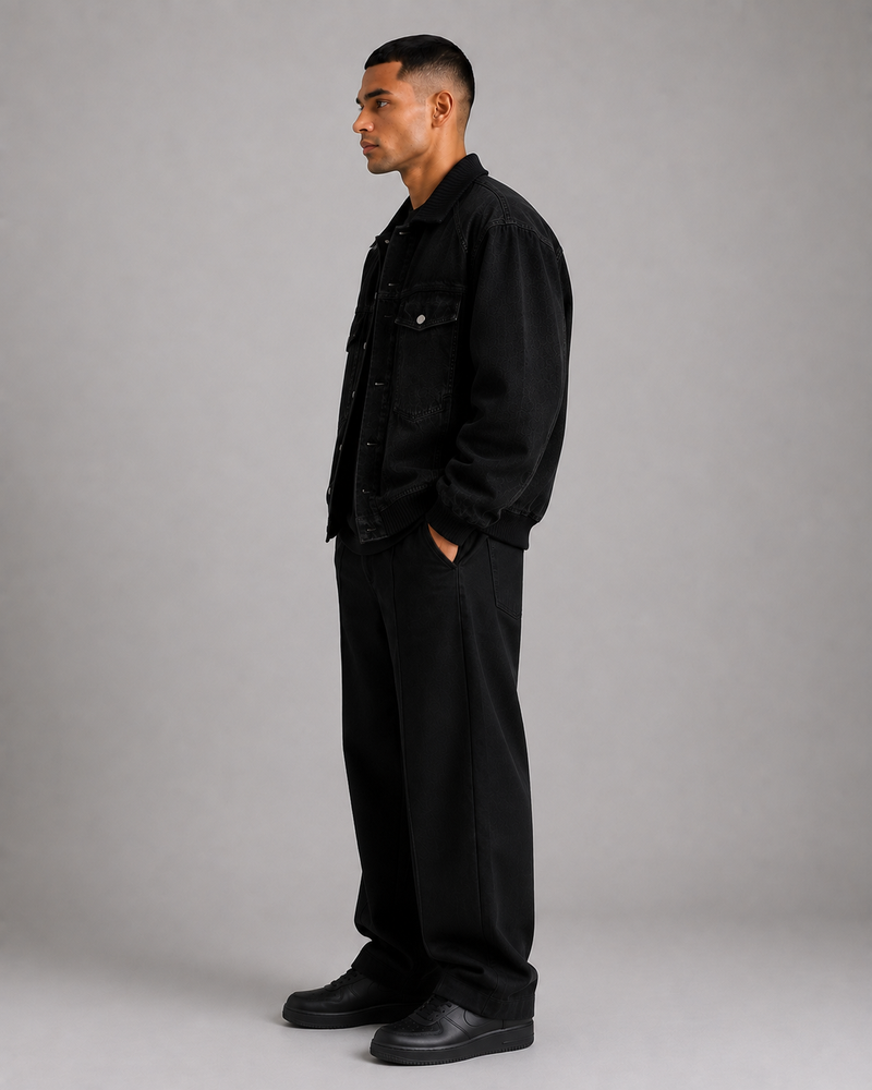 Men’s Denim Bomber Jacket with Ribbed Collar, Cuffs & Hem
