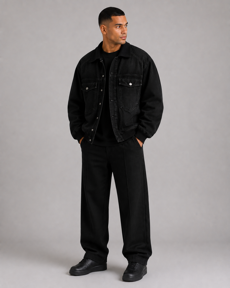 Men’s Denim Bomber Jacket with Ribbed Collar, Cuffs & Hem