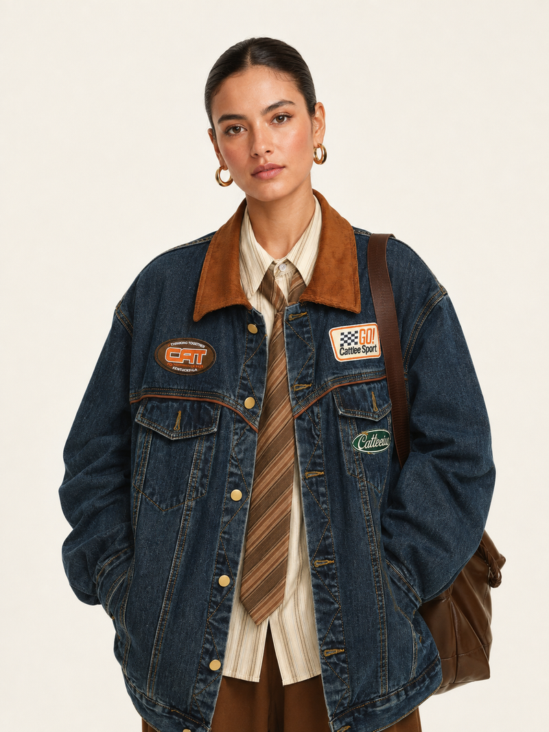 Blue Color-Block Lapel Jacket