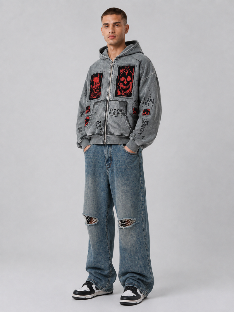 Printed Hooded Zipper Sweatshirt