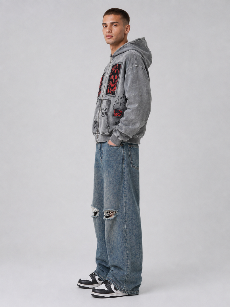 Printed Hooded Zipper Sweatshirt