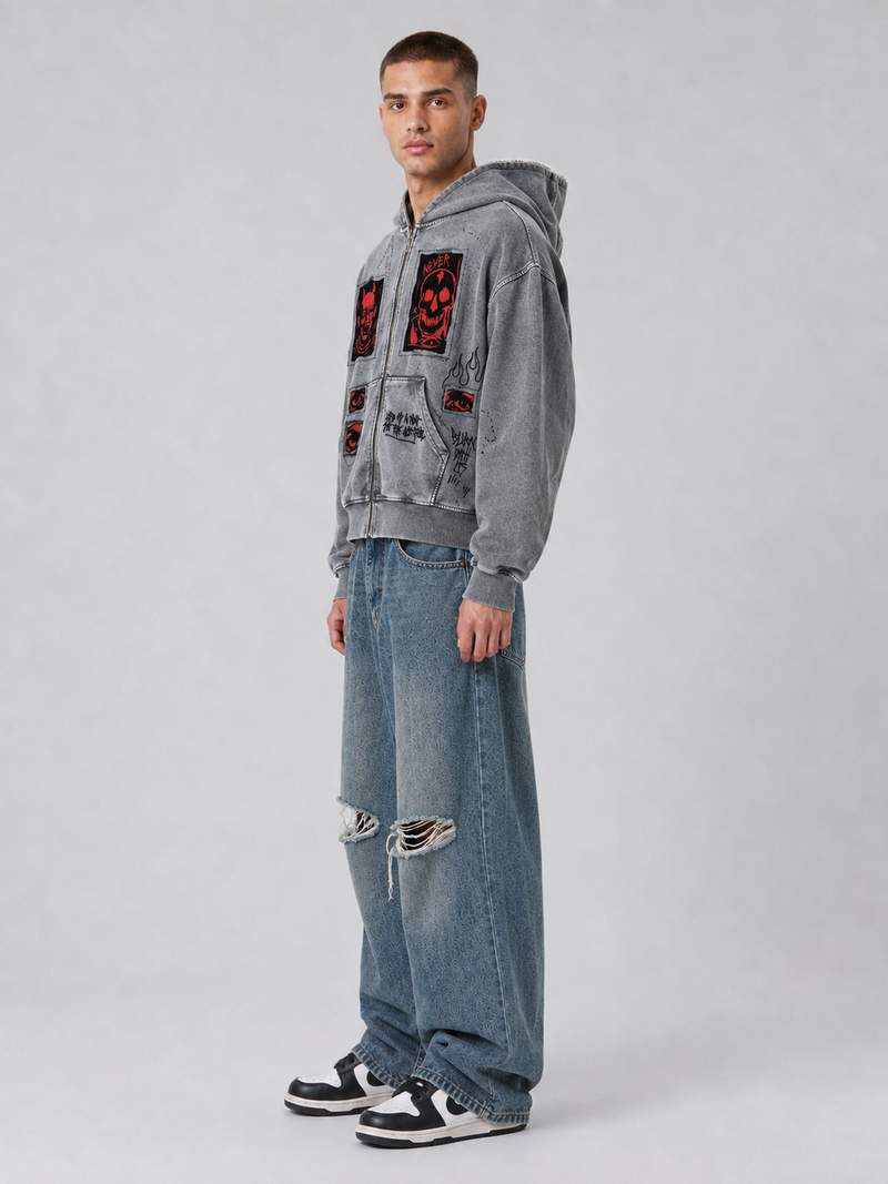 Printed Hooded Zipper Sweatshirt