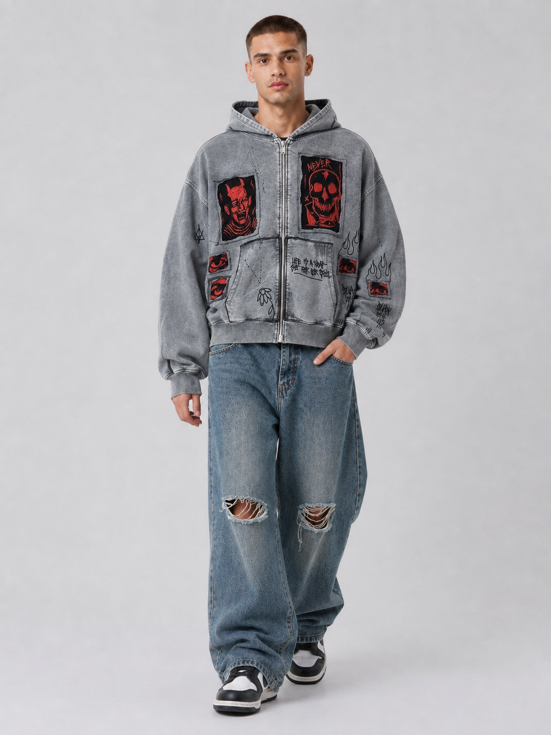 Printed Hooded Zipper Sweatshirt