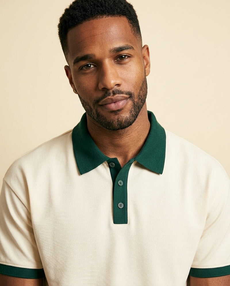 Contrast Collar Knit Polo Cream Green