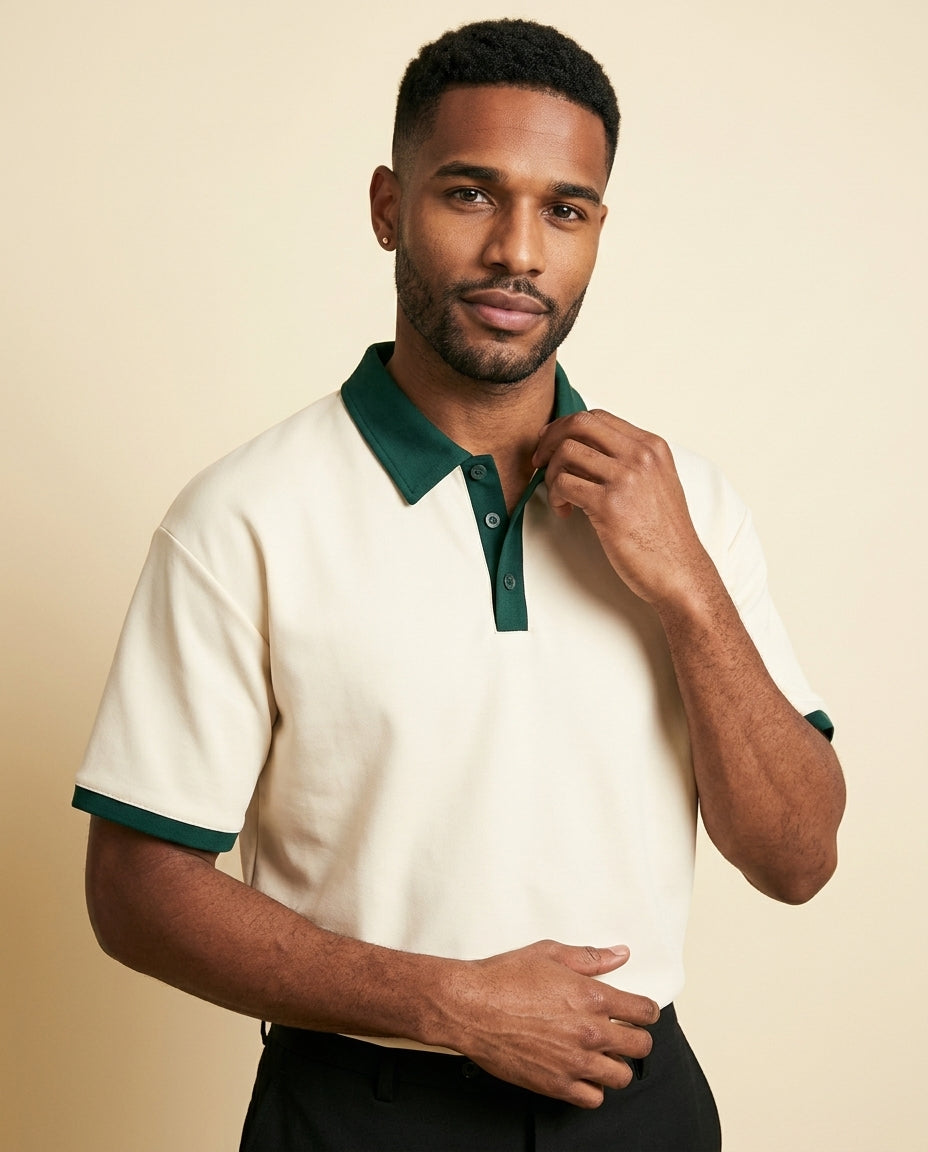 Contrast Collar Knit Polo Cream Green