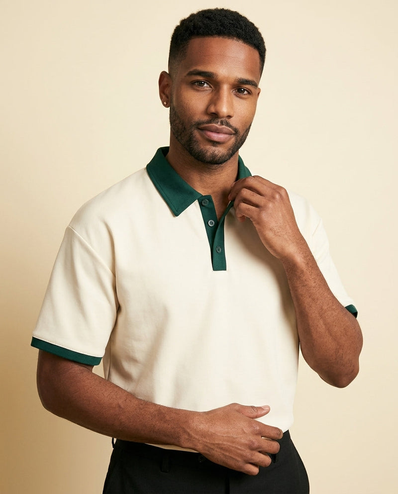 Contrast Collar Knit Polo Cream Green