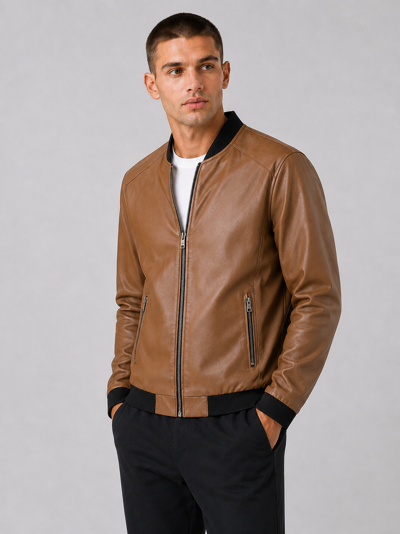 PU Leather Baseball Collar Jacket