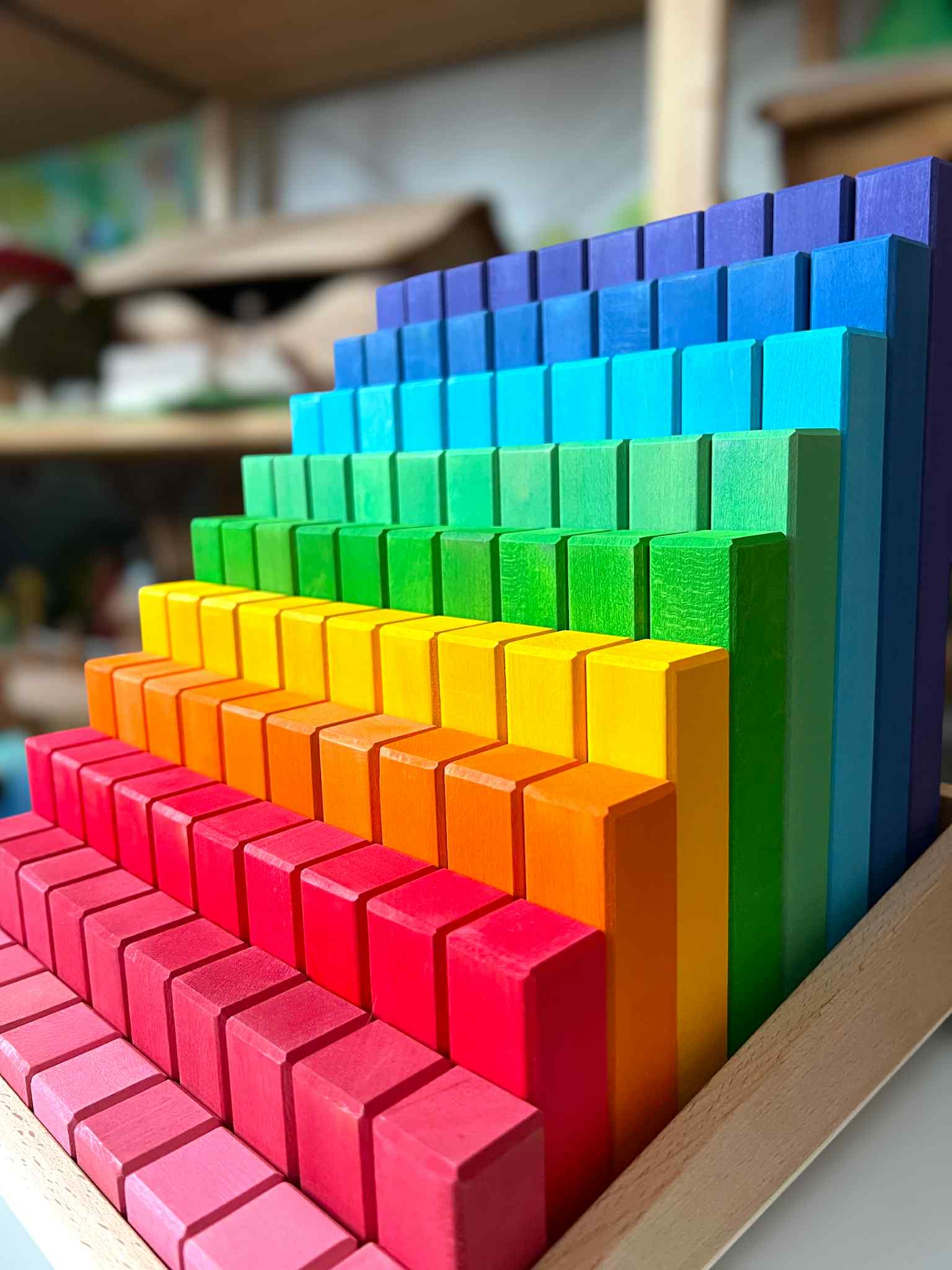 Building Steps Rainbow Counting Blocks – 100-Piece Wooden Prism Stair Set - Image 3