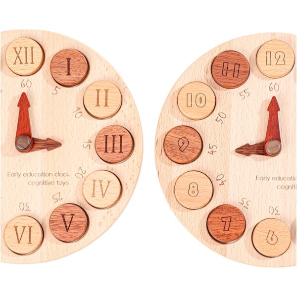 Wooden Cognitive Learning Clock – Dual-Sided Time Recognition Toy with Roman and Arabic Numerals - Image 3