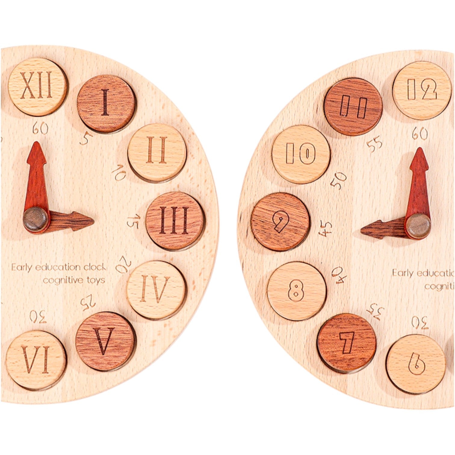 Wooden Cognitive Learning Clock – Dual-Sided Time Recognition Toy with Roman and Arabic Numerals - Image 3