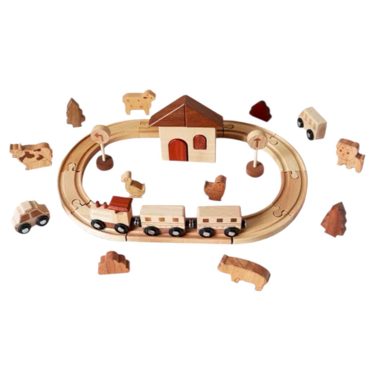 Wooden Farm Train Track Play Set – 32-Piece Natural Solid Wood Toy - Image 1