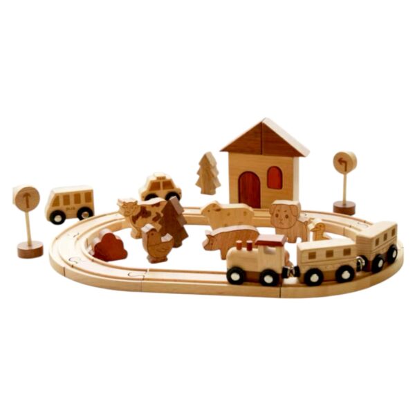Wooden Farm Train Track Play Set – 32-Piece Natural Solid Wood Toy - Image 2