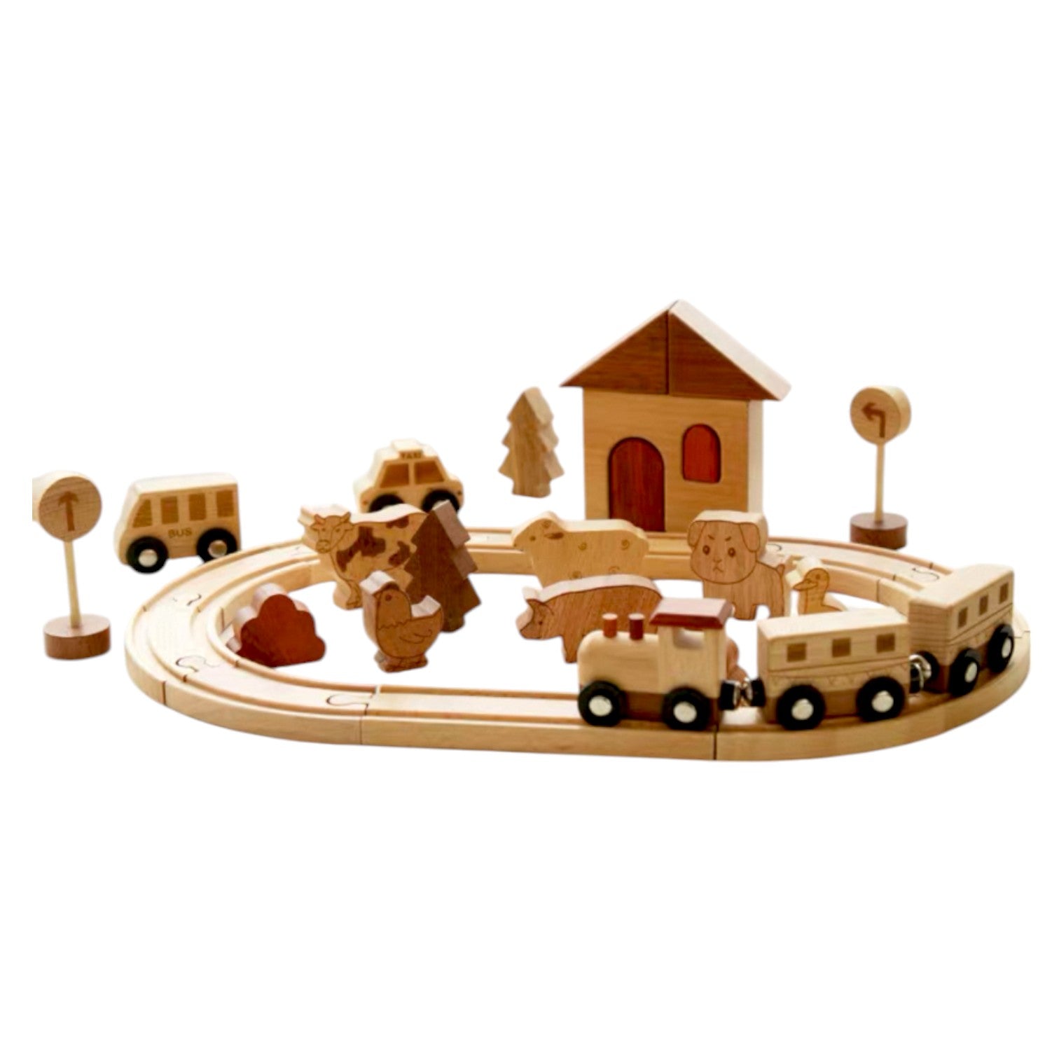Wooden Farm Train Track Play Set – 32-Piece Natural Solid Wood Toy - Image 2