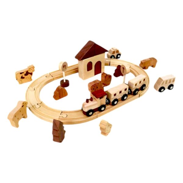 Wooden Farm Train Track Play Set – 32-Piece Natural Solid Wood Toy - Image 3