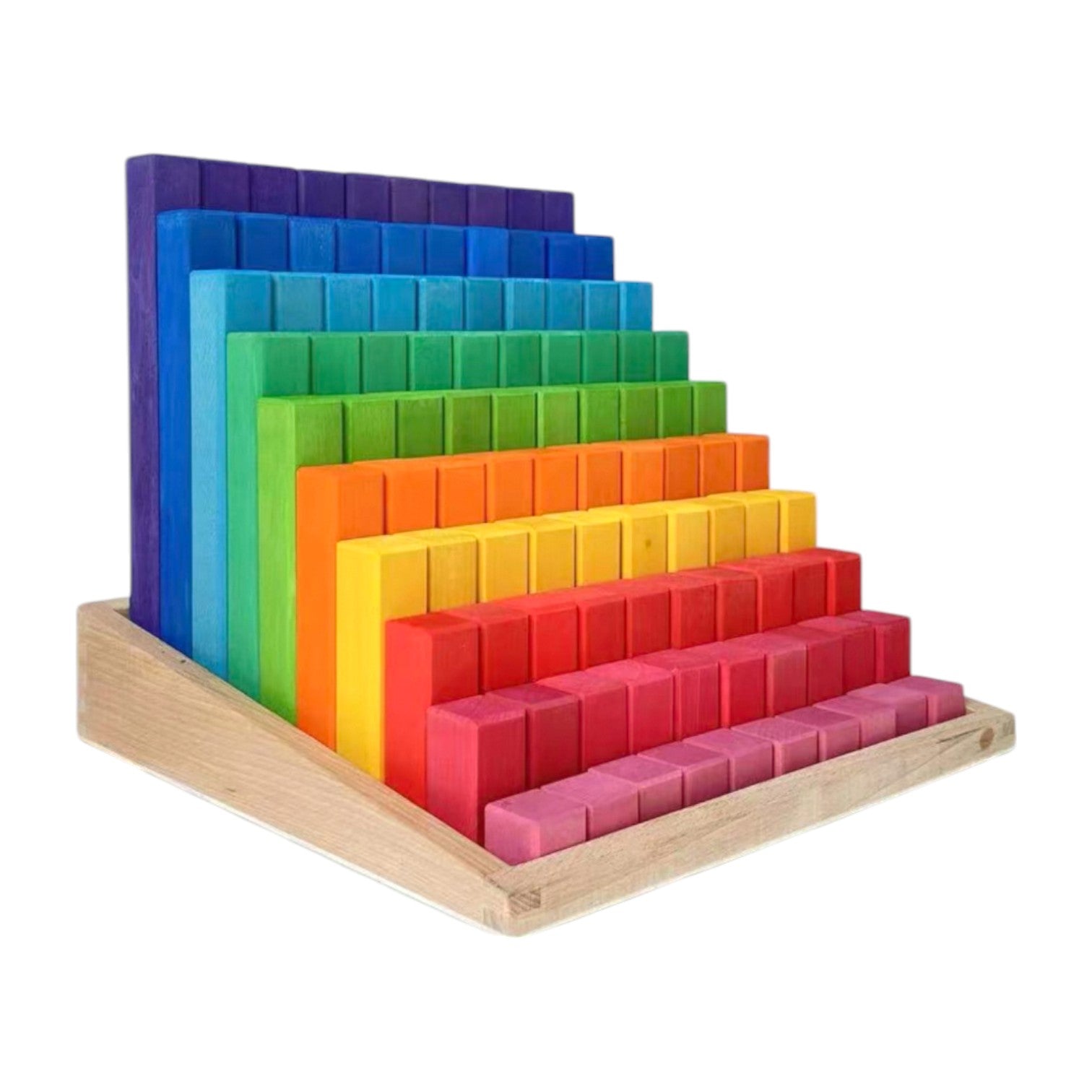 Building Steps Rainbow Counting Blocks – 100-Piece Wooden Prism Stair Set - Image 1
