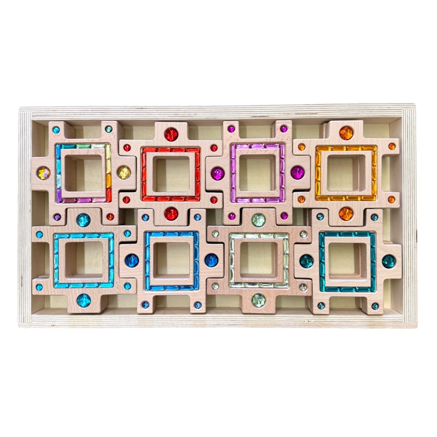 Wooden Gemlight Window Blocks – 16-Piece Colorful Open-Ended Play Set with Storage Box - Image 1