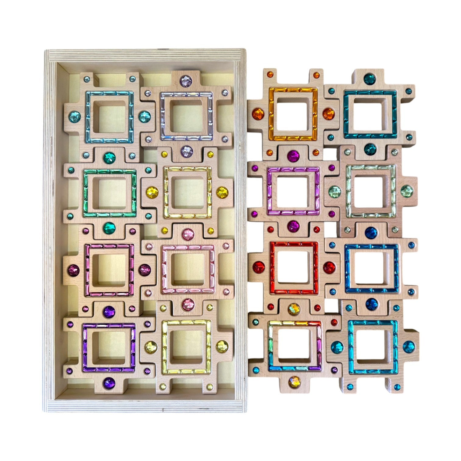 Wooden Gemlight Window Blocks – 16-Piece Colorful Open-Ended Play Set with Storage Box - Image 3