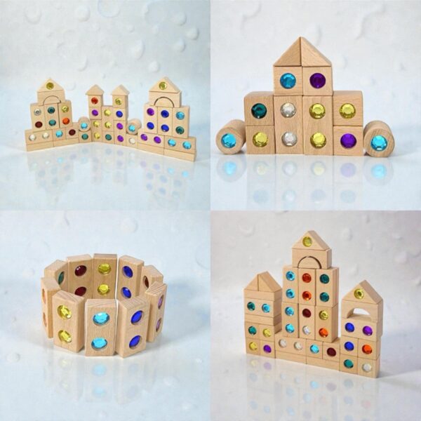 128 Piece Solid Beech Wood Gemstone Building Block Set with Wooden Storage Box and Lid Open Ended Construction - Image 12