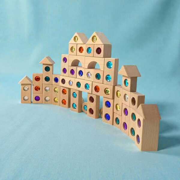 128 Piece Solid Beech Wood Gemstone Building Block Set with Wooden Storage Box and Lid Open Ended Construction - Image 9