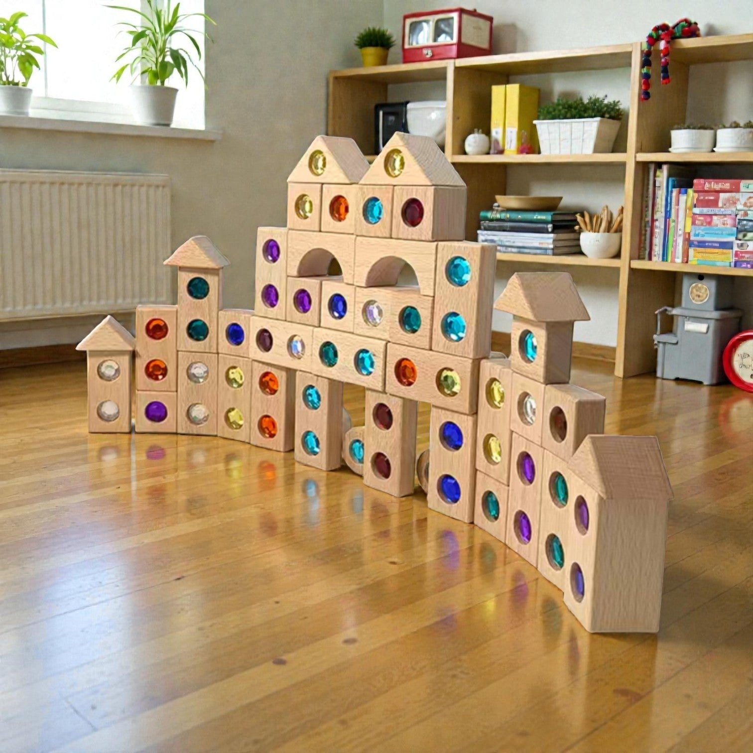128 Piece Solid Beech Wood Gemstone Building Block Set with Wooden Storage Box and Lid Open Ended Construction - Image 13
