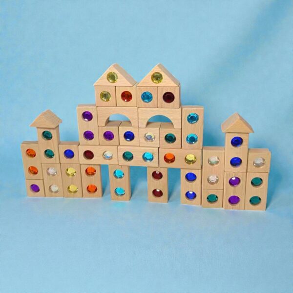 128 Piece Solid Beech Wood Gemstone Building Block Set with Wooden Storage Box and Lid Open Ended Construction - Image 7