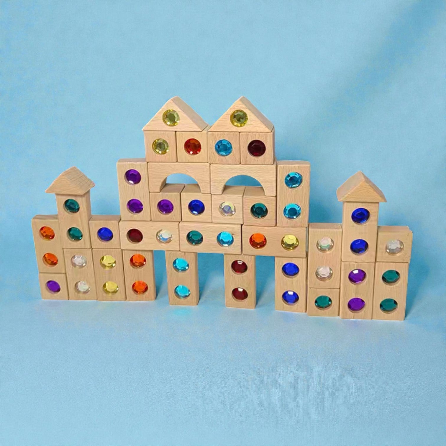 128 Piece Solid Beech Wood Gemstone Building Block Set with Wooden Storage Box and Lid Open Ended Construction - Image 7