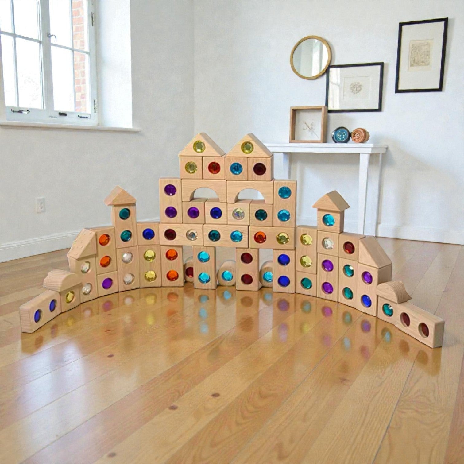 128 Piece Solid Beech Wood Gemstone Building Block Set with Wooden Storage Box and Lid Open Ended Construction - Image 11